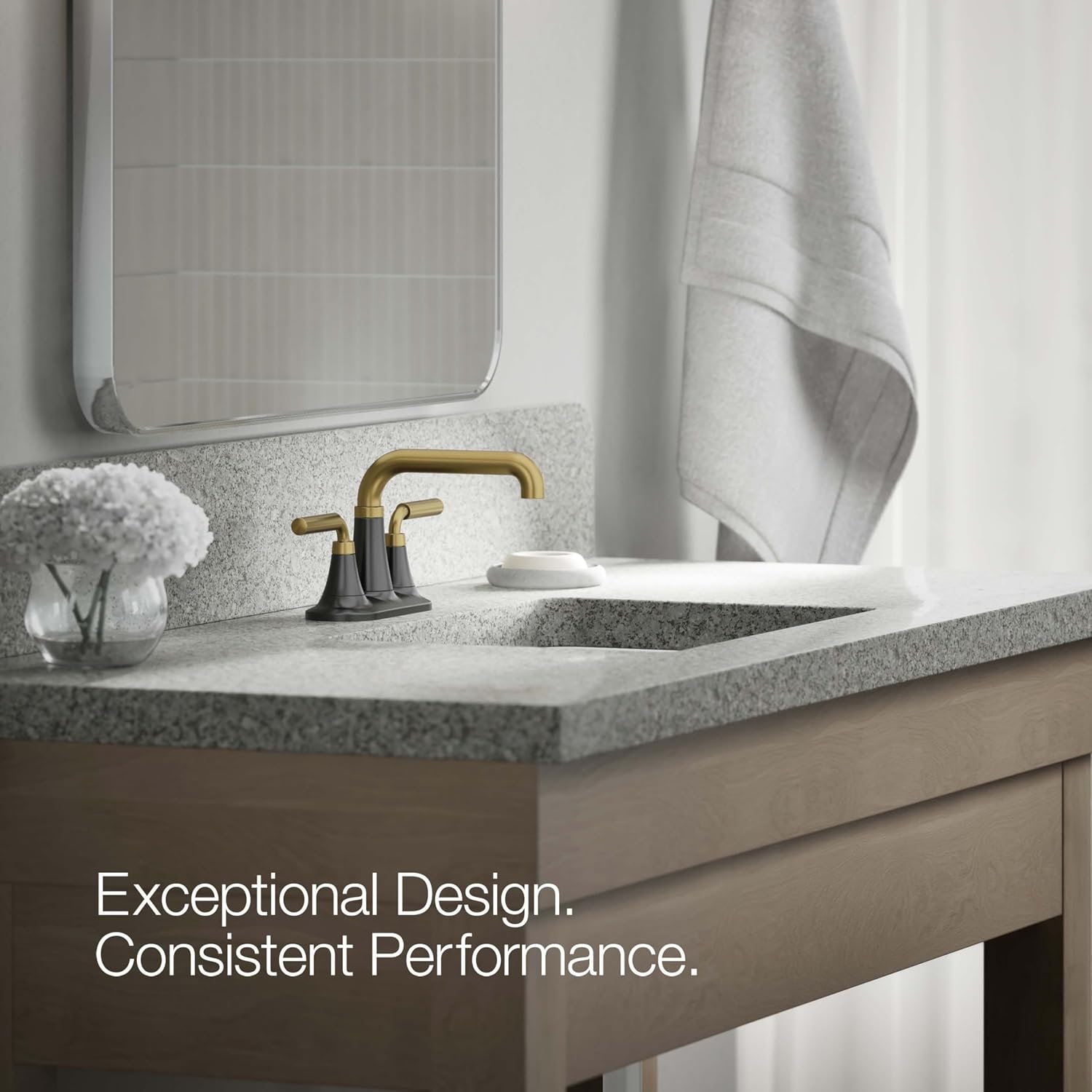 KOHLER K-27414-4K-BMB Tone™ Centerset Bathroom Sink Faucet, Clicker Drain, Bathroom Faucets, 1.0 GPM, Matte Black with Brushed Moderne Brass
