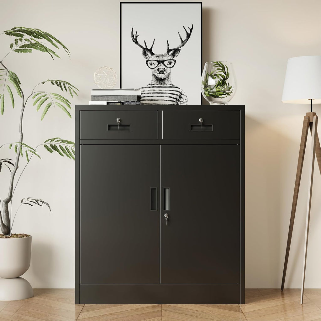 BESFUR Metal Storage Cabinet with Doors and Shelves, 36' H Locking Storage Cabinet with 2 Drawers, Reinforced Heavy Duty Metal Cabinets for Garage, Office, Home(Black)