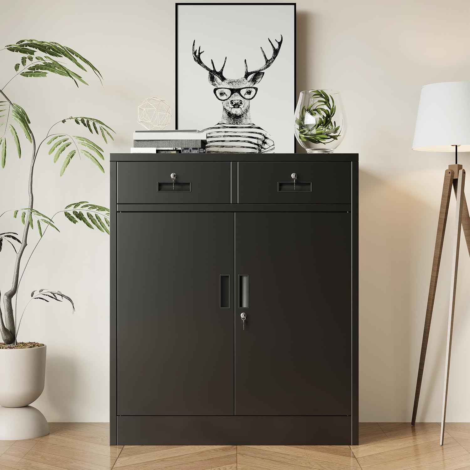 BESFUR Metal Storage Cabinet with Doors and Shelves, 36' H Locking Storage Cabinet with 2 Drawers, Reinforced Heavy Duty Metal Cabinets for Garage, Office, Home(Black)