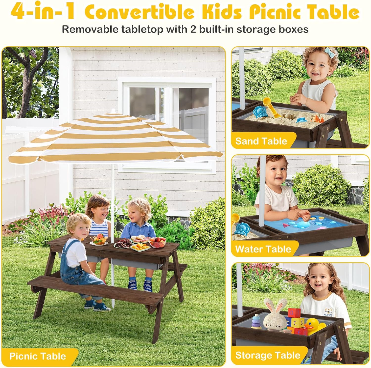 Costzon Kids Picnic Table with Sensory Bins, 4 in 1 Sand and Water Table with Height Adjustable Umbrella, Removable Tabletop for Outdoor Backyard Patio Play