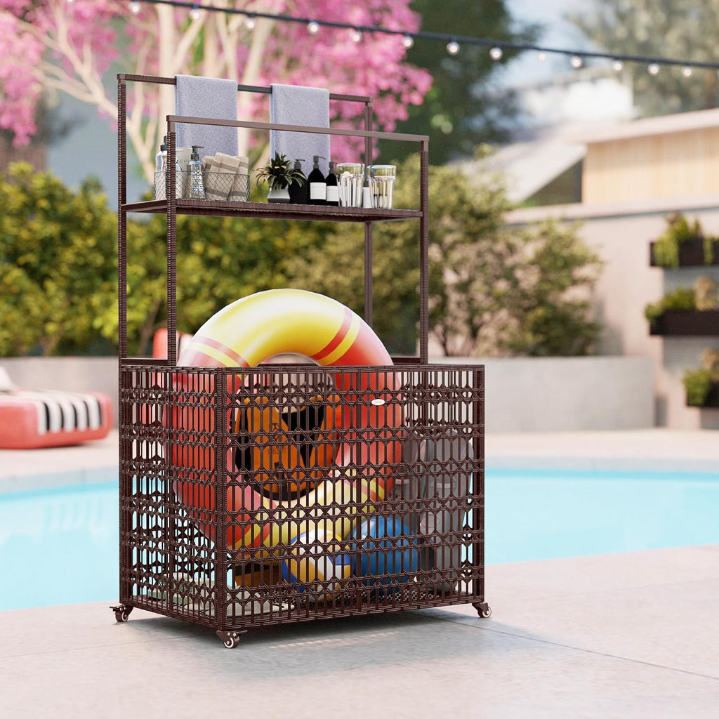 Outsunny Wicker Pool Float Storage Organizer, PE Rattan Pool Float Holder with Basket Shelf Towel Bars, Rolling Pool Caddy for Floaties, Noodles, Life Vests, Beach Balls, Mixed-Brown