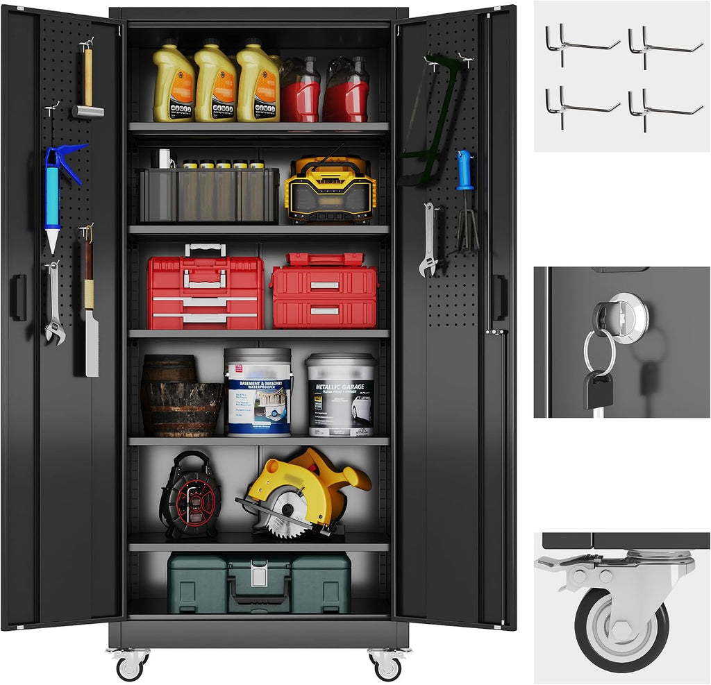 Reemoon 71' H Garage Storage Cabinets with 5 Adjustable Shelves and Door Pegboard,Metal Storage Cabinets with Wheels for Garage Home,Required Assembly,Black