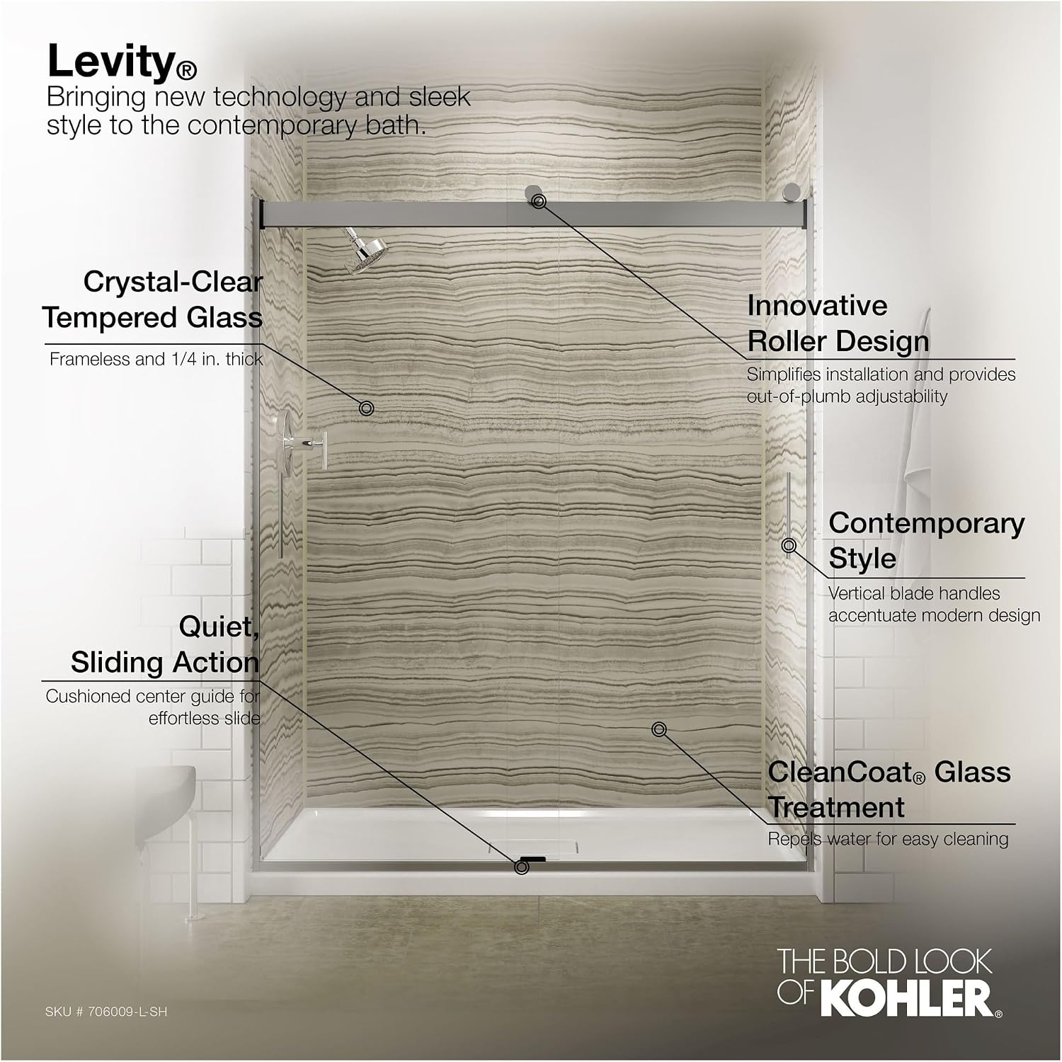 KOHLER Levity Sliding shower door, 74-in H x 56-5/8-59-5/8-in W, with 1/4-in thick Crystal Clear glass
