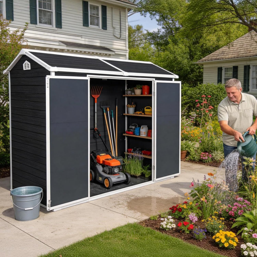 Storage Shed with Floor Included, 8x4FT Resin Storage Shed with Floor 2 Windows and Lockable Door Sheds for Garden Tools, Bike