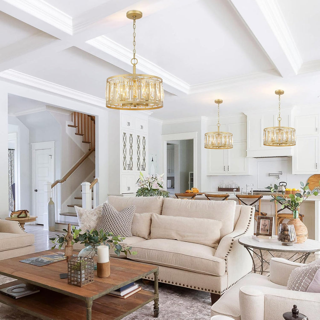 Gold Crystal Chandelier, 4-Light Semi Flush Mount Chandelier Crystal Entry Way Light Fixture Gold Dining Room Light Fixtures Adjustable Height Hanging Pendant Light for Bedroom Living Room