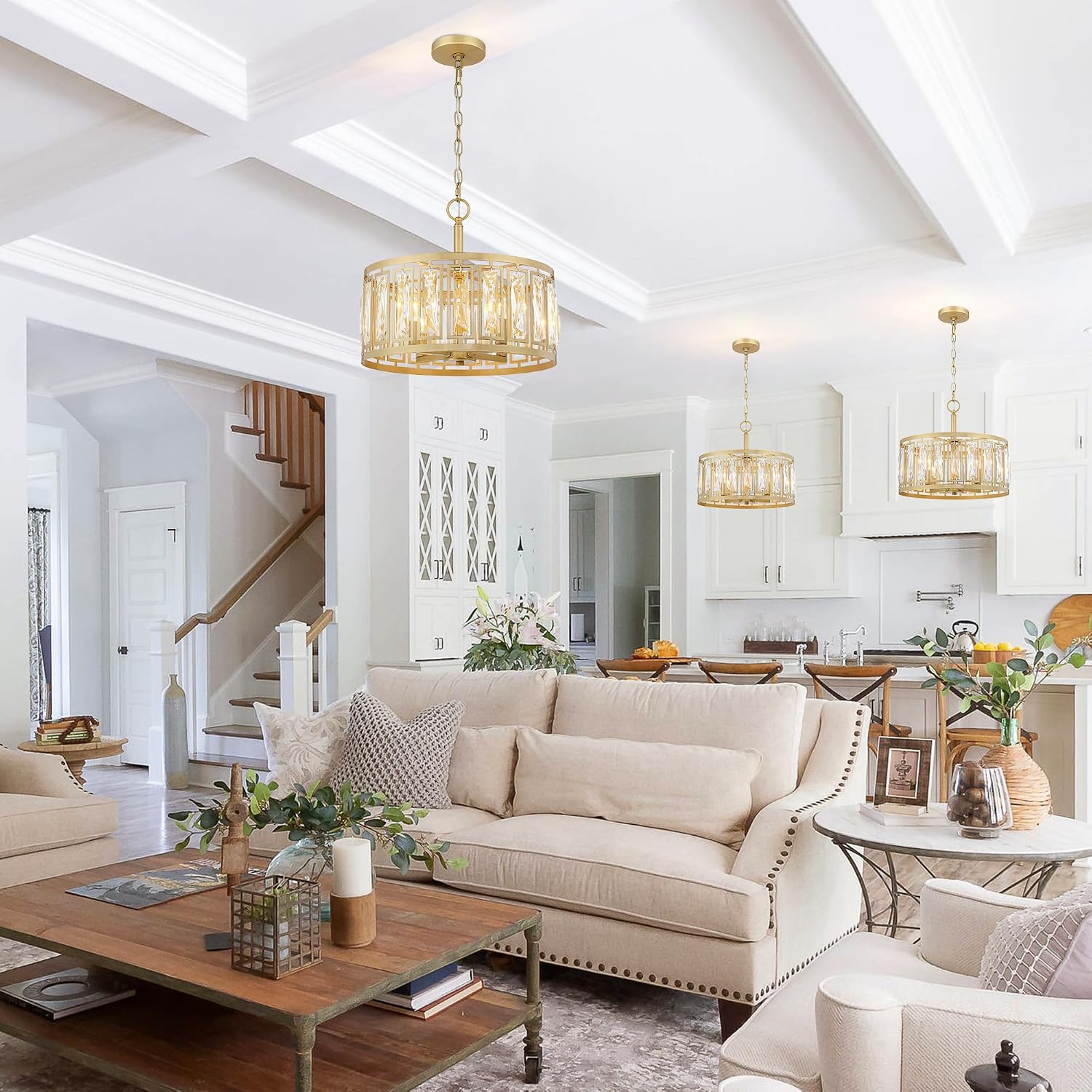 Gold Crystal Chandelier, 4-Light Semi Flush Mount Chandelier Crystal Entry Way Light Fixture Gold Dining Room Light Fixtures Adjustable Height Hanging Pendant Light for Bedroom Living Room