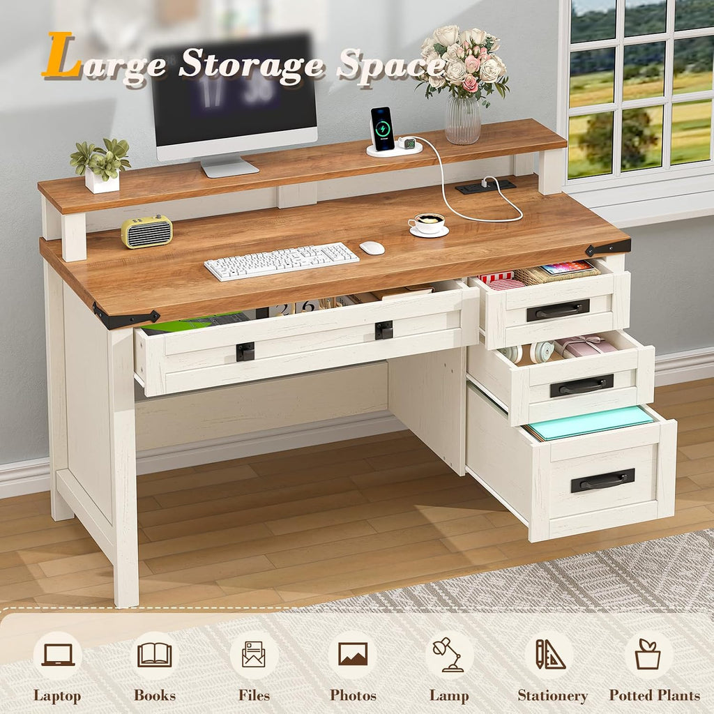 YOMILUVE Farmhouse Executive Desk with Drawers, 47' Computer Desk with Power Outlets, Home Office Desk with Monitor Stand & 4 Drawers, Small Desk Writing Study Table, Antique White