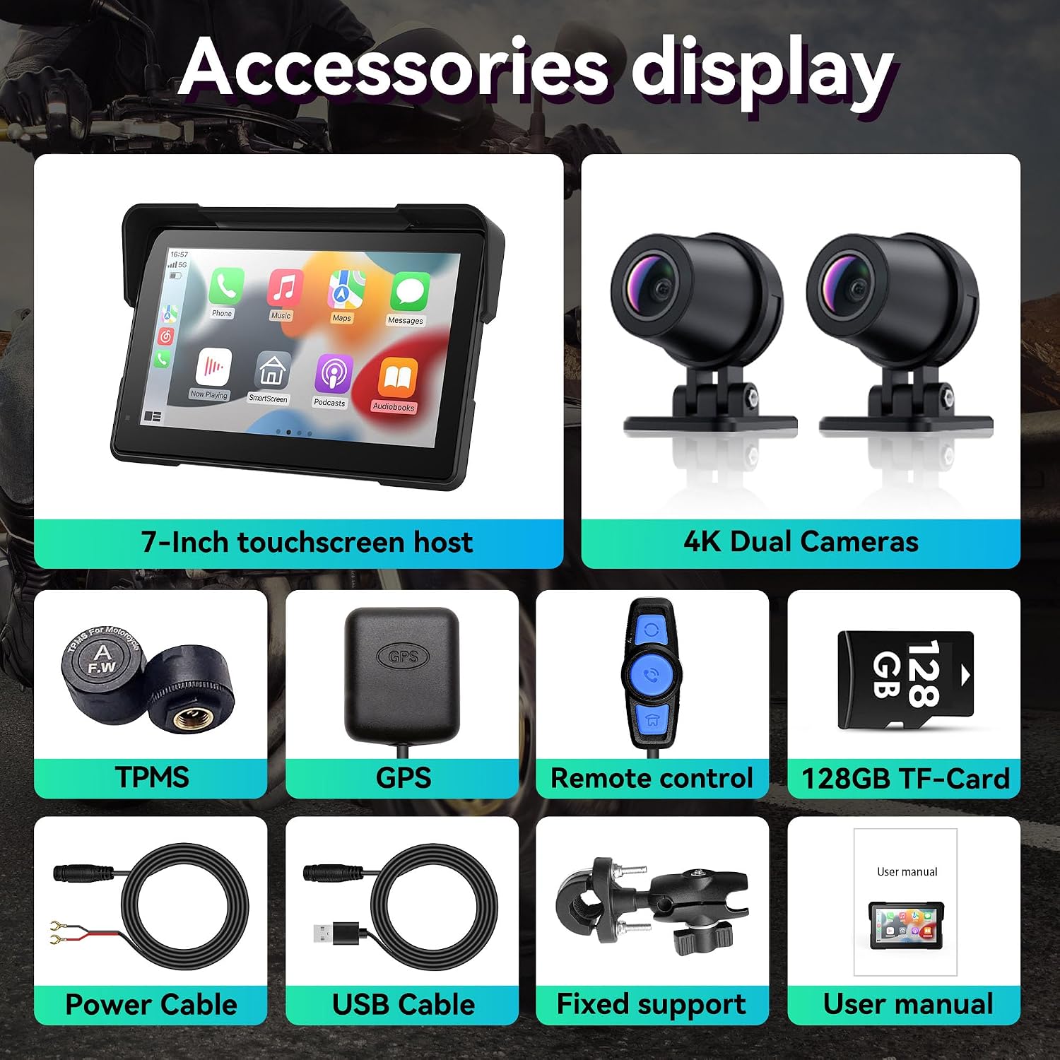 Wireless Motorcycle Apple Carplay & Android Auto,7 Inch Touchscreen with AHD Dual Cam,Siri & Google Assistant, Looping Recording/BSD/Bluetooth 5.2/ GPS/Remote Control/TMPS /IP69K Waterproof /128GB