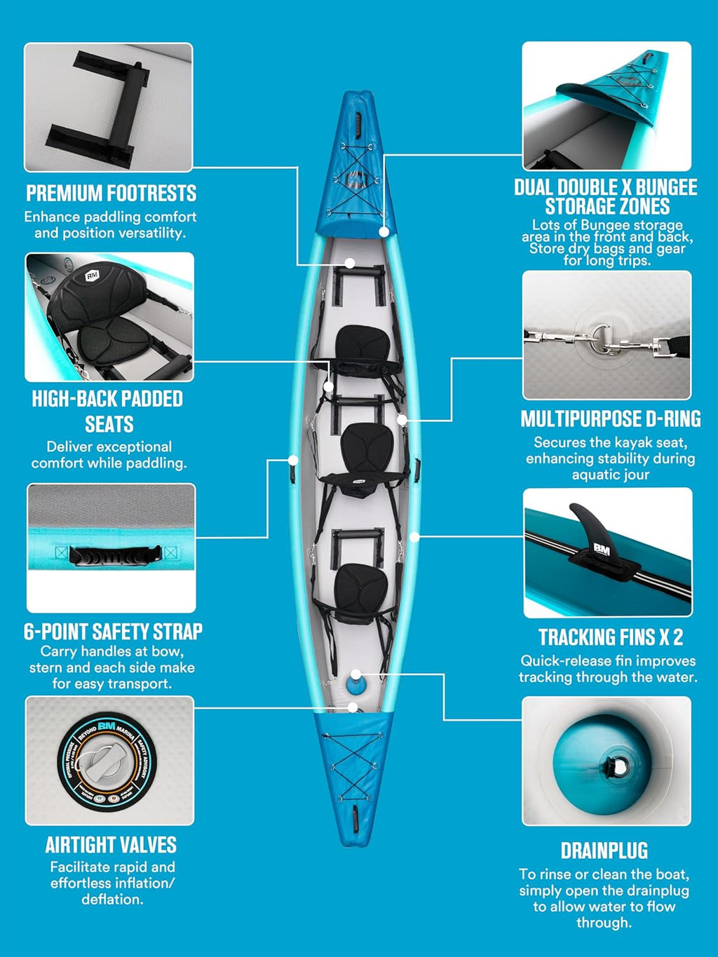 BEYOND MARINA Inflatable Kayak 1 & 2 & 3 Person Adult- Full Drop Stitch Kayak with Aluminum Paddles, Seats, Footrests, Pump, Fins