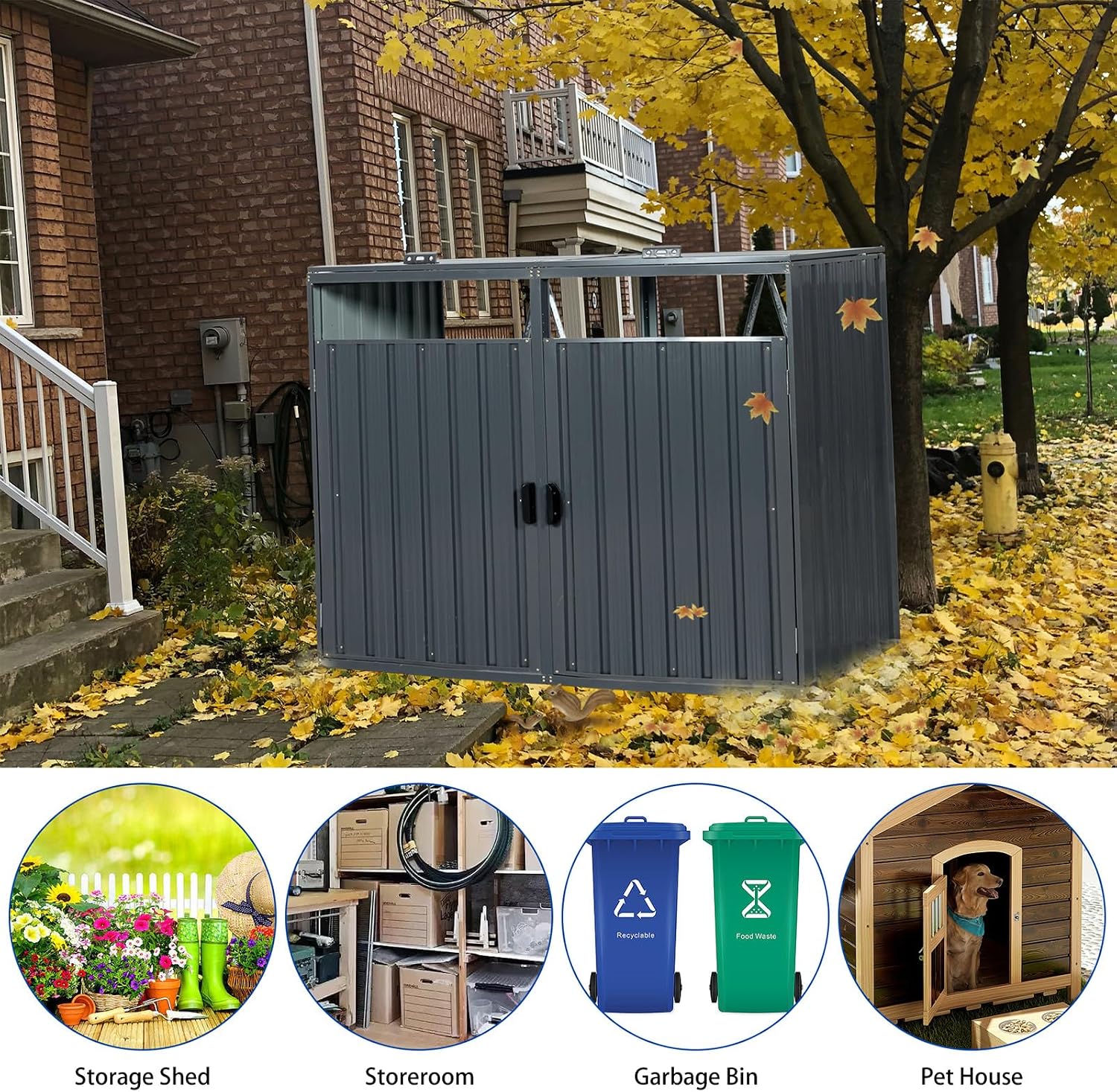 54 Cu.Ft Outdoor Trash Can Storage Shed for 2 Bins, Metal Garbage Bin Enclosure, Waterproof Outdoor Trash Storage Cabinet & Small Generator Shed for Garden & Yard (Black)