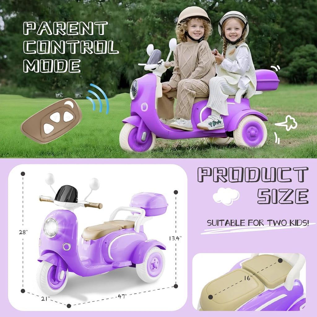 HEIMILI 12V 2-Seater Ride on Motorcycle for Kids, 3 Wheel Electric Motorbike with Dual 25W Motors, Toddler Moped Scooter with Bluetooth Music, Battery Powered Toy for Girls Boys 3-6 Years, Purple