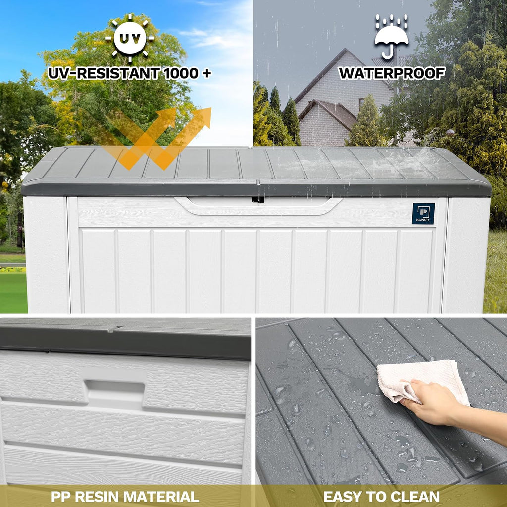230 Gallon Large Deck Box, Durable Waterproof Resin Deck Box for Patio Furniture, Garden Tools, Pool Storage (White, 150Gallon)