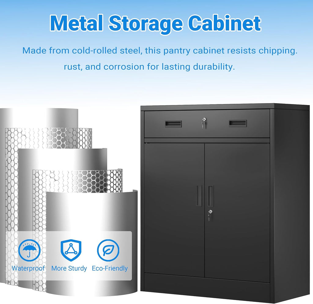 BESFUR Metal Storage Cabinet with Doors and Shelves, 36' H Locking Storage Cabinet with 1 Drawers, Reinforced Heavy Duty Metal Cabinets for Garage, Office, Home(Black)