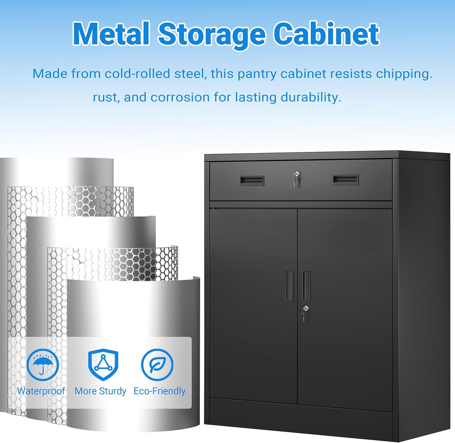 BESFUR Metal Storage Cabinet with Doors and Shelves, 36' H Locking Storage Cabinet with 1 Drawers, Reinforced Heavy Duty Metal Cabinets for Garage, Office, Home(Black)
