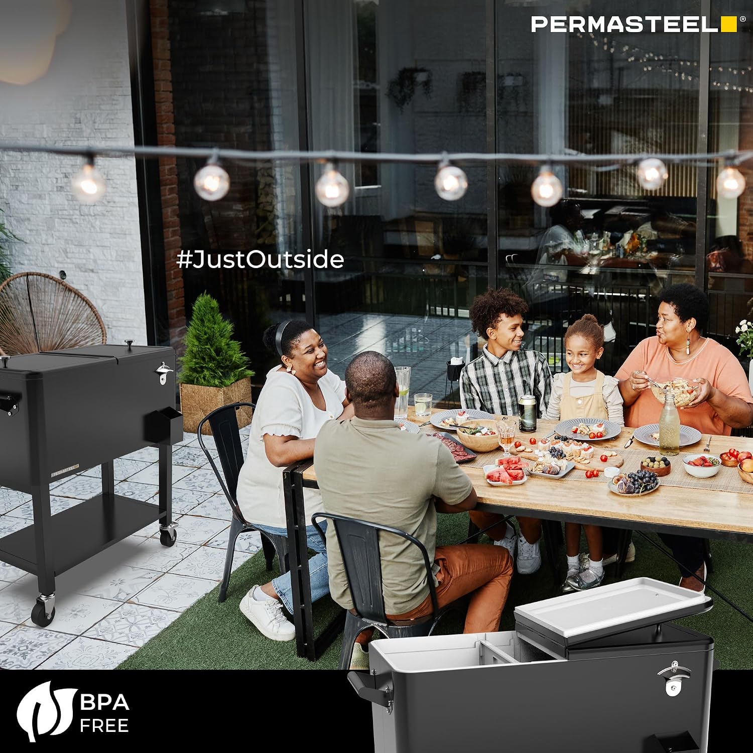 Permasteel Party Cooler with Divider, Removable Basin, Spacious 80-Qt Capacity, Chills 36hrs, Serving Tray, Rolling Ice Chest for Indoor & Outdoor