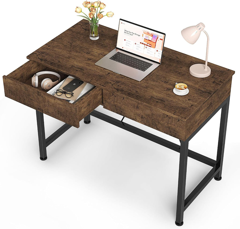 Mexin Small Desk with 2 Wooden Drawers, 40 Inch Home Office Writing Desk, Vanity Desk with Storage, Computer Desk for Bedroom Small Spaces, Table for Office, Kids Study, Makeup, Rustic Brown