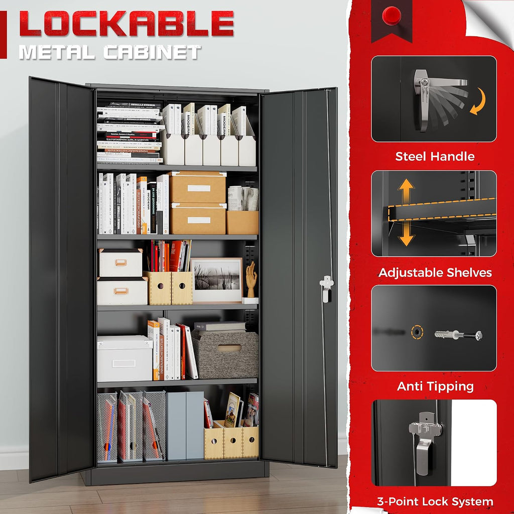 Bonusall 72' Storage Cabinet,Heavy-Duty Steel Cabinet with 2 Locking Doors & 4 Adjustable Shelves for Home