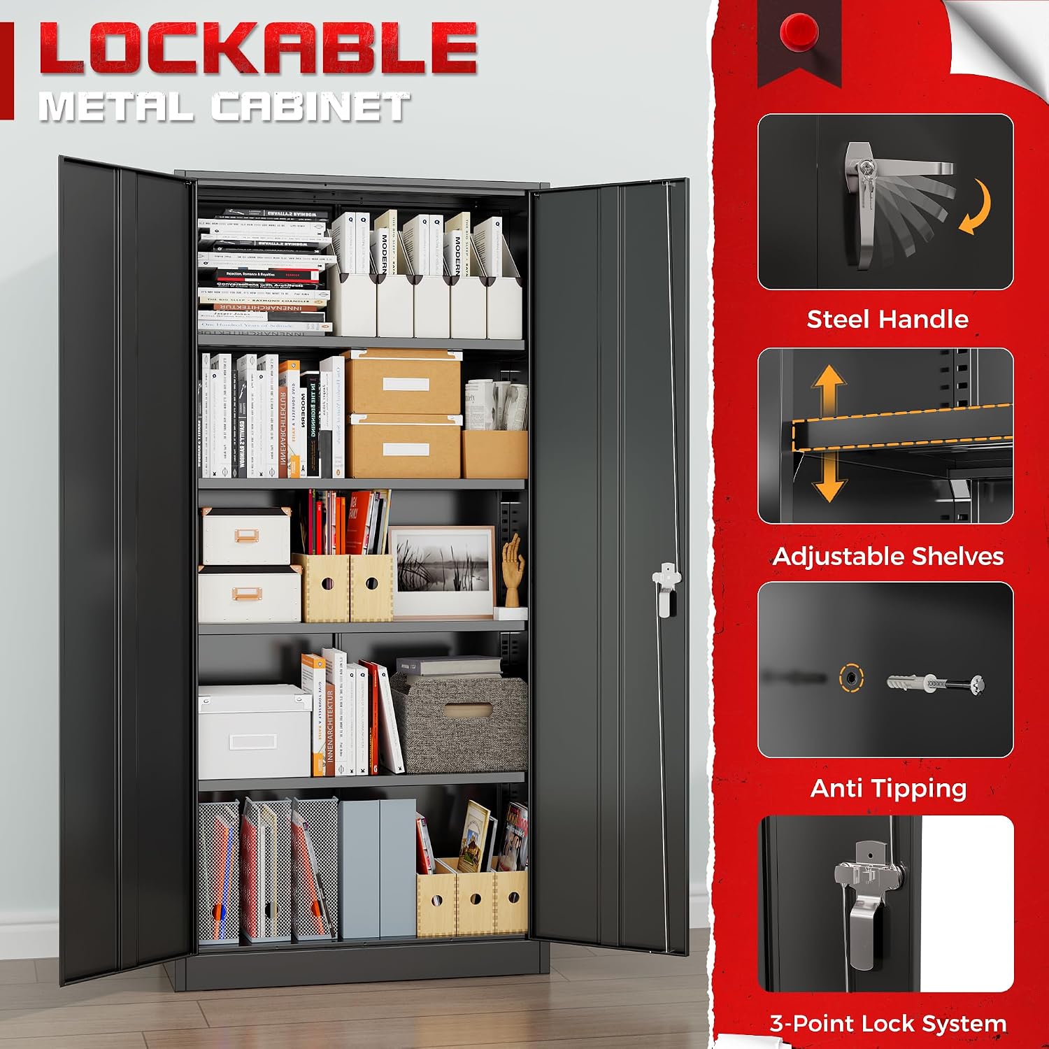 Bonusall 72' Storage Cabinet,Heavy-Duty Steel Cabinet with 2 Locking Doors & 4 Adjustable Shelves for Home