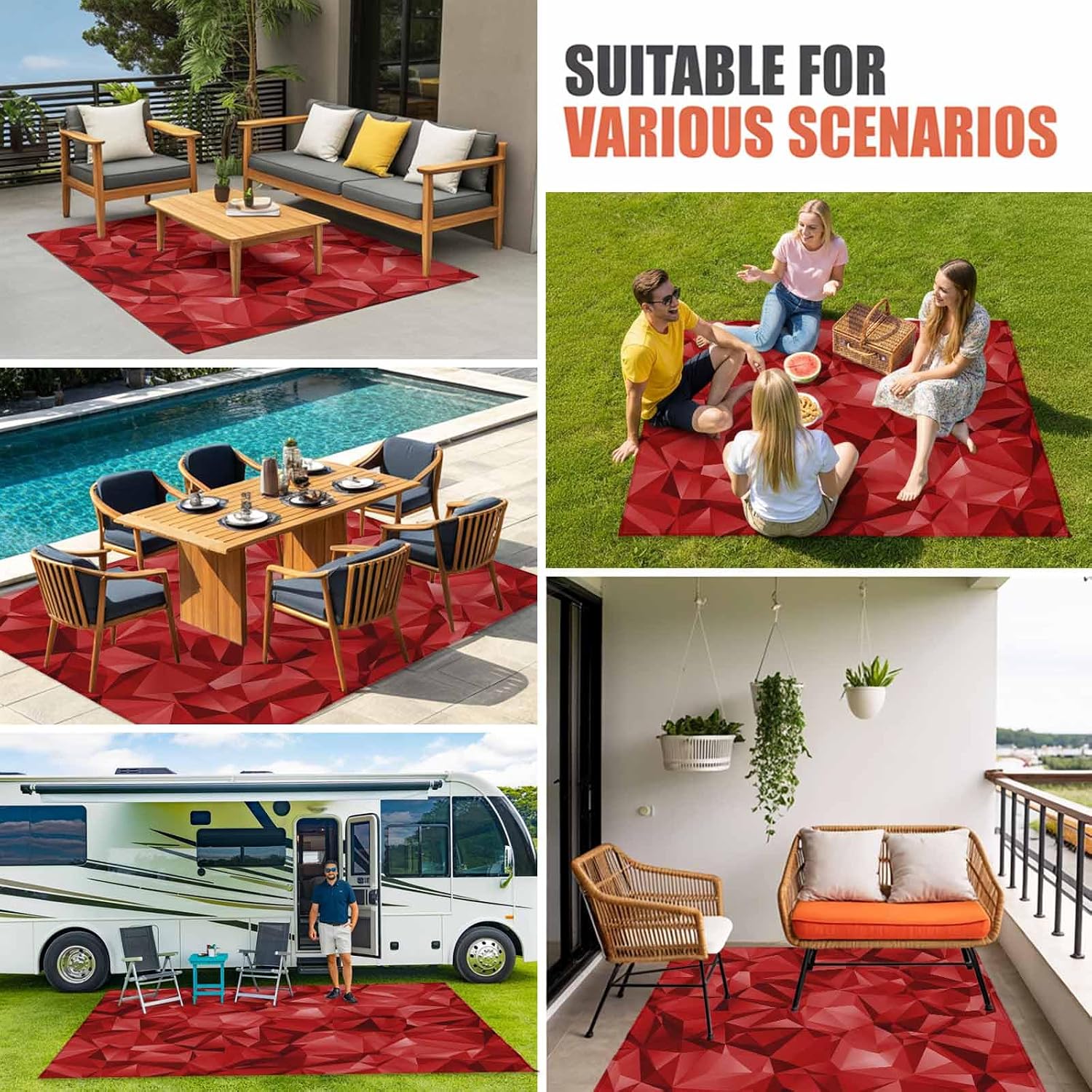 Red Geometric Outdoor Rug for Patio/Deck/Porch, Non-Slip Large Area Rug 4 x 6 Ft, Vintage Minimalism Abstract Aesthetic Indoor Outdoor Rugs Washable Area Rugs, Reversible Camping Rug Carpet Runner
