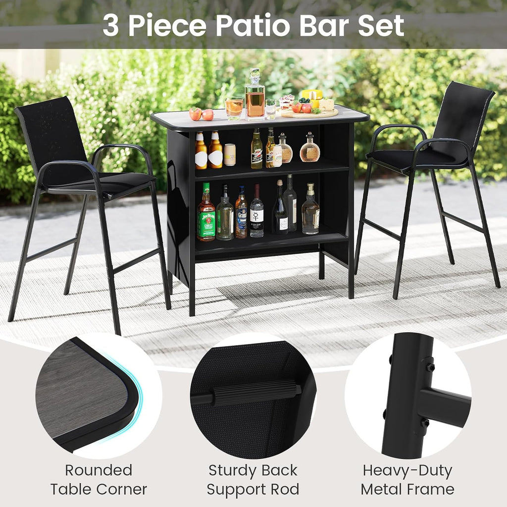 Tangkula 3 Piece Outdoor Bar Set, Patio Bar Height Table & Armchairs with Footrest, Wood Plastic Tabletop & 2-Tier Shelf, Heavy-Duty Metal Barstools & Table Furniture for Backyard, Poolside (Black)