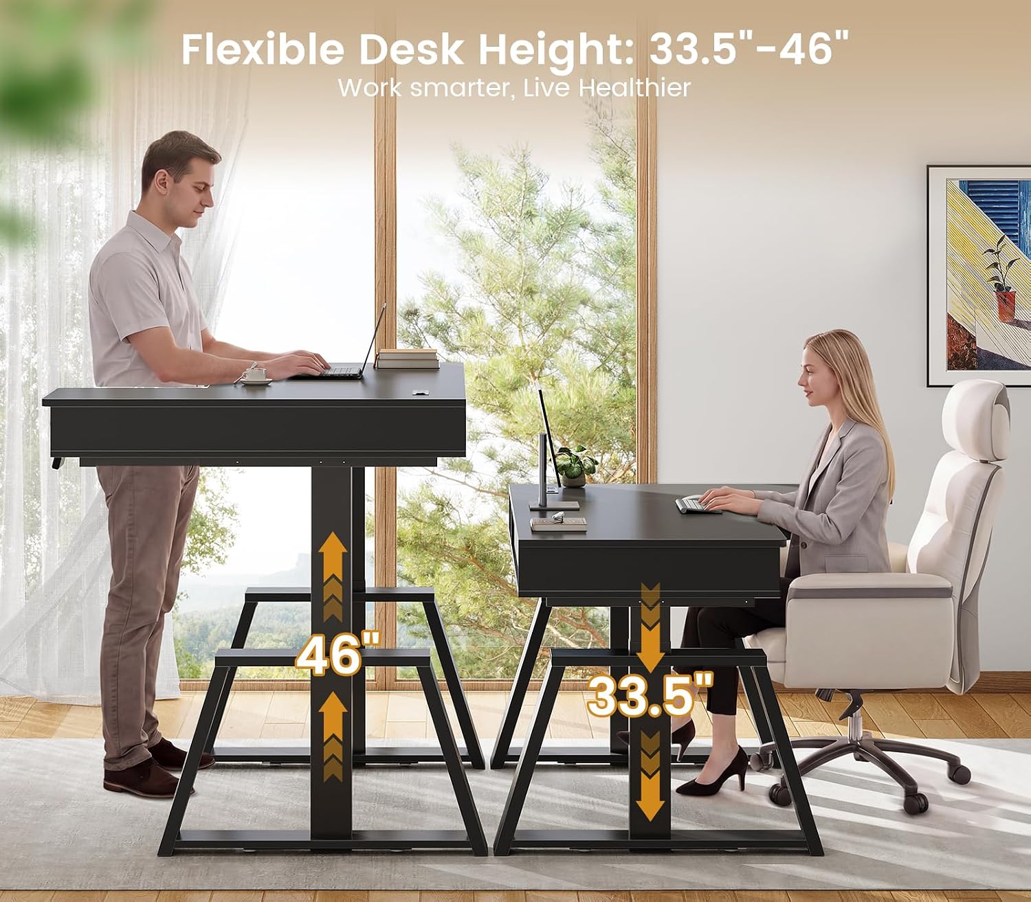 SEDETA 59 Inch L Shaped Electric Standing Desk with Drawers, Executive Adjustable Desk with Power Outlets, Monitor Stand, Sit Stand Computer Table for Home Office, Black