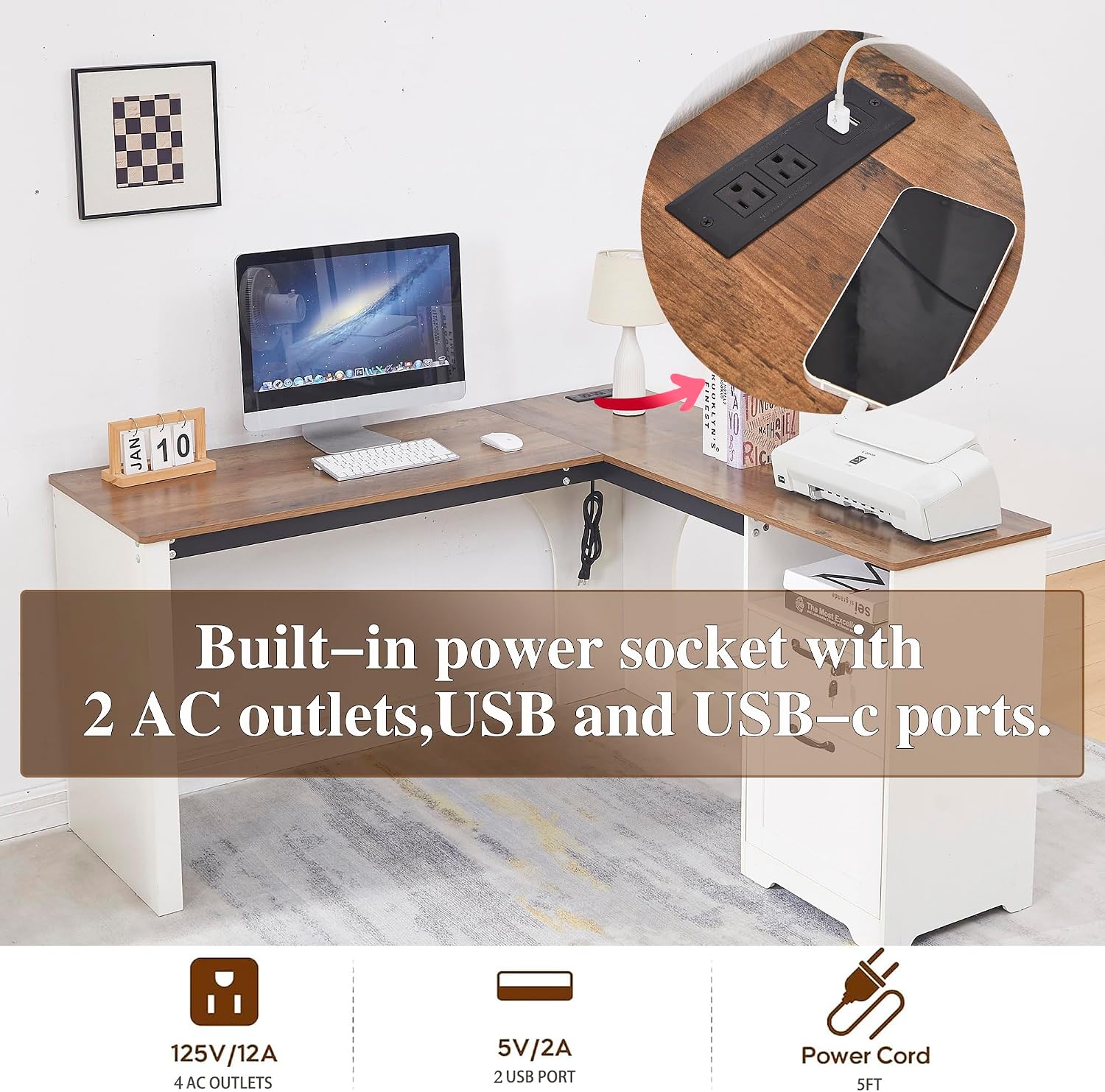 55' Farmhouse L-Shaped Desk with Lift Top,Movable Monitor Stand,L Shaped Standing Office Desk with Lockable Drawer & Adjustable File Drawer,Lift Top Computer Desk with Power Outlets