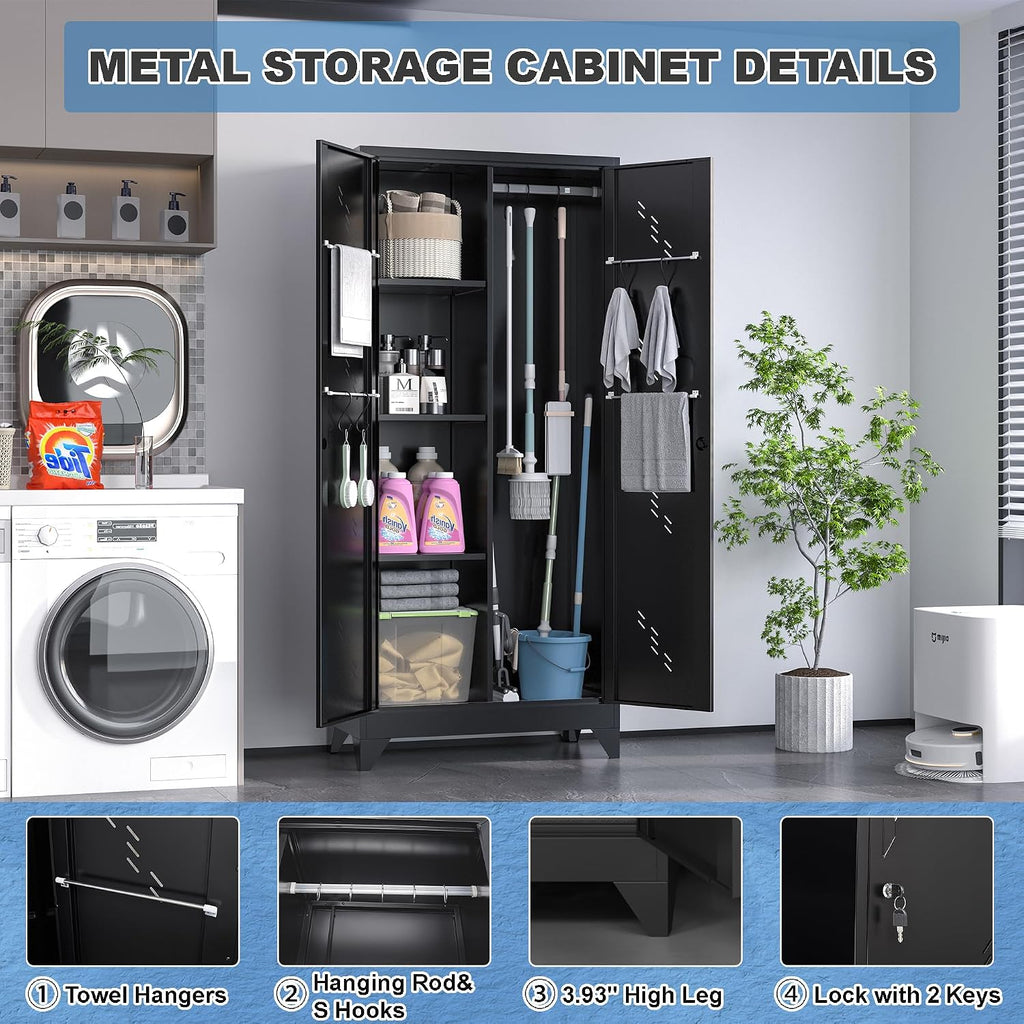 71' Outdoor Storage Cabinet – Heavy-Duty Lockable Metal Shed with Ventilated Doors, Perforated Stainless-Steel Bottom, Hanging Rod & Hooks, Easy Assembly