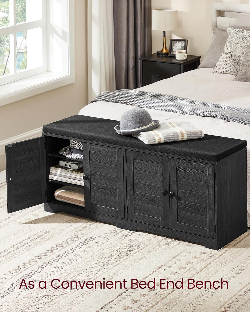 VASAGLE Shoe Storage Bench with Cushion, 3-Tier Entryway Bench with Padded Seat, Doors, Adjustable Shelves, 14 x 47.6 x 20.7 Inches, for Hallway, Bedroom, Charcoal Gray and Ink Black ULSB048BA01