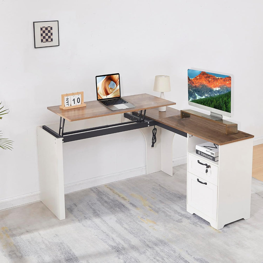 55' Farmhouse L-Shaped Desk with Lift Top,Movable Monitor Stand,L Shaped Standing Office Desk with Lockable Drawer & Adjustable File Drawer,Lift Top Computer Desk with Power Outlets