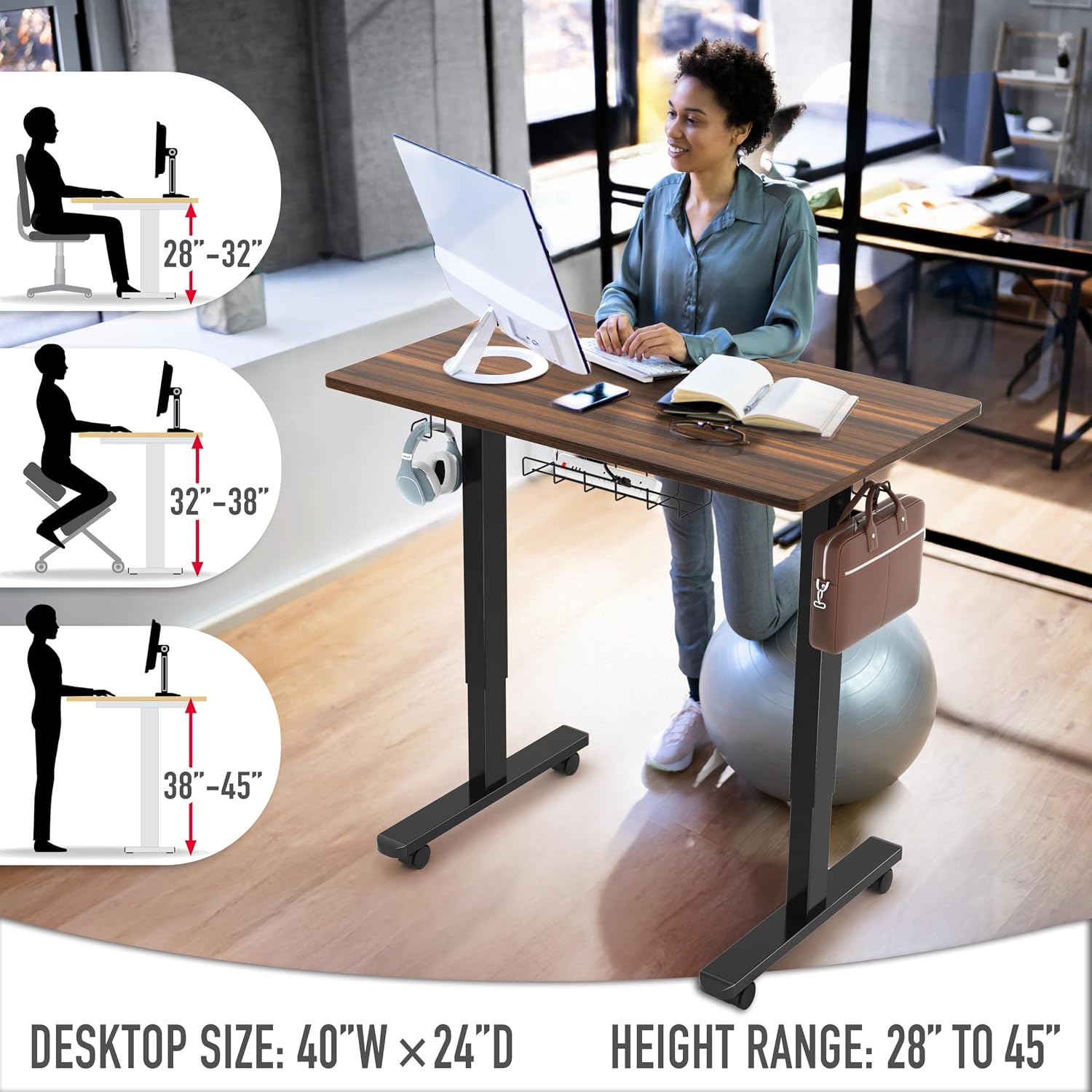 SHW 40-Inch Mobile Electric Height Adjustable Sit to Stand Desk with Drawer, Hanging Hooks and Cable Management, Walnut