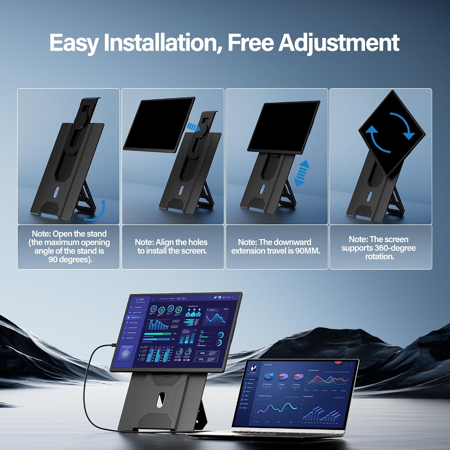 Laptop Screen Extender 16.1', 1920 * 1200 Portable Monitor with Detachable Frameless Display- 360° Rotatable Magnetic Stand, Dual Screen Plug & Play, Extra Monitor for Windows/Mac/Linux/Android