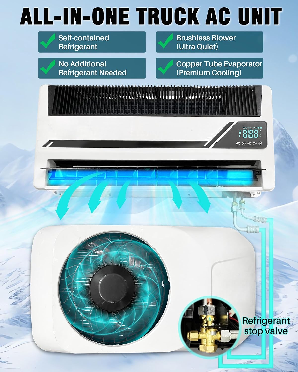 10000 BTU 12V Truck Air Conditioner, Split Mini AC Electric A/C Unit with DC Inverter Compressor | Rapid Cooling | Pre-Charged Refrigerant | Semi-Truck Cab Parking, Trailer, Crane, Loader, Excavator