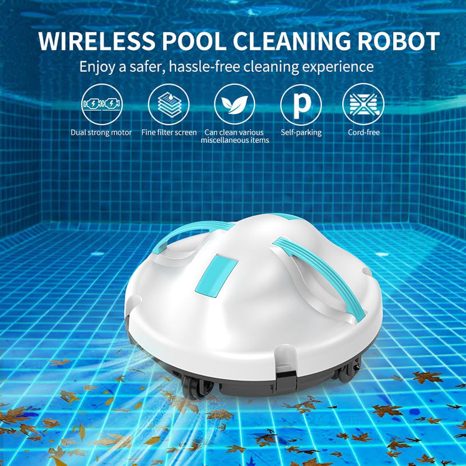 Professional Automatic Pool Cleaning Machine, Cordless Pool Vacuum Robot, with Dual Motor, 5200mAh Battery Self-Parking