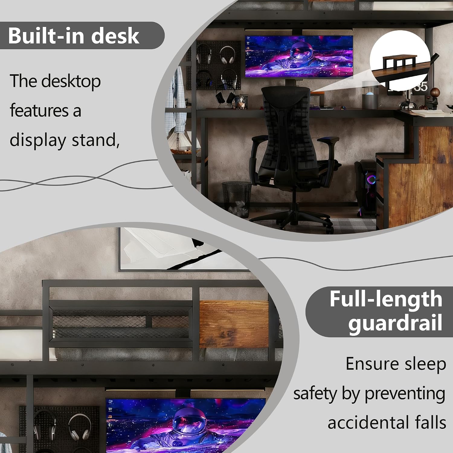Bellemave Queen Size Loft Bed with Desk & 2 Fabric Drawers, Metal Queen Loft Bed Frame with Shelves, Computer Monitor Stand & Hanger Rod for Teens, Noise-Reduced Design, Black