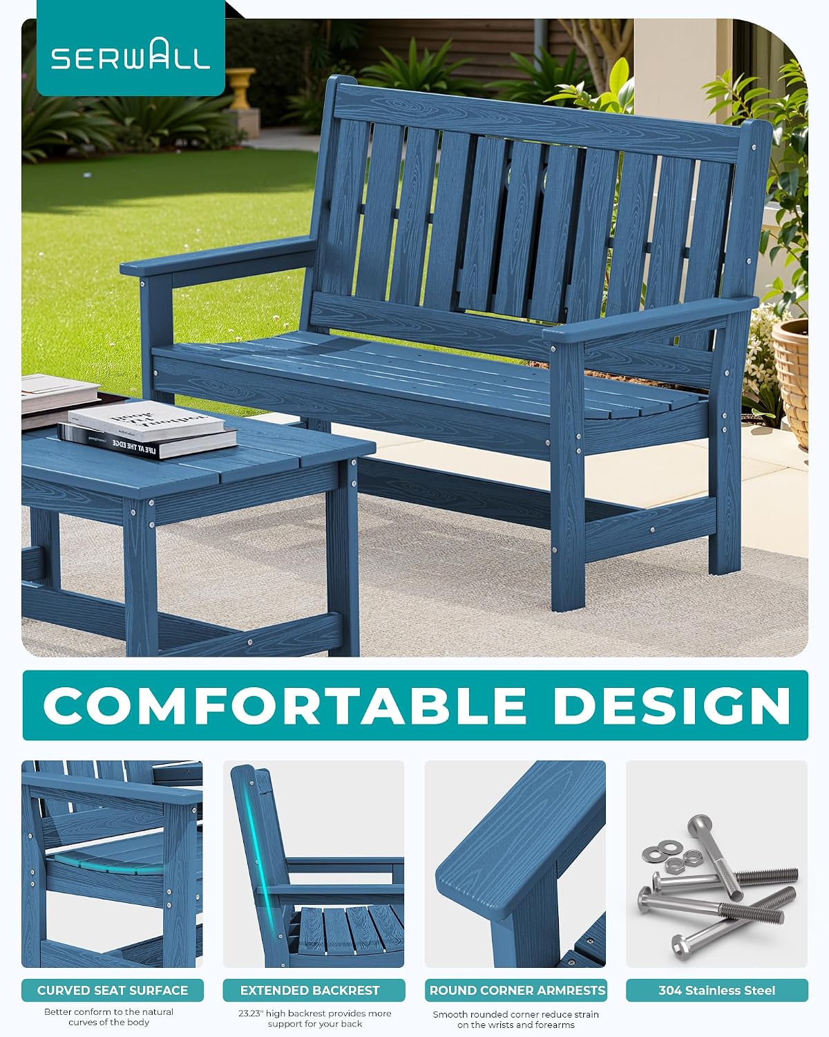 SERWALL Outdoor Bench with Cup Holder, 58' HDPE Front Porch Bench Suitable for 3 Person, All Weather Patio Benches with High Backrest and Wide Armrests for Garden, Park, Yard, Navy