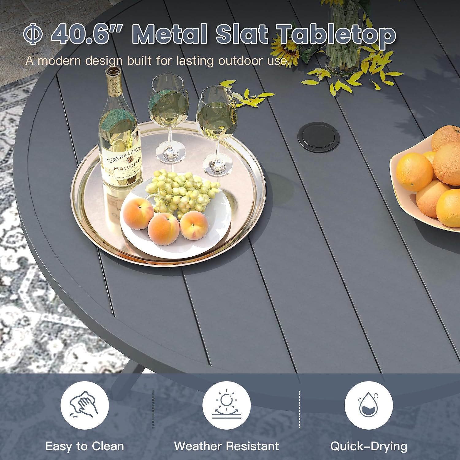 VICLLAX 40.6' Round Metal Outdoor Dining Table for 4, Patio Table with Umbrella Hole and Storage Shelf for Garden, Lawn, Deck, Dark Grey