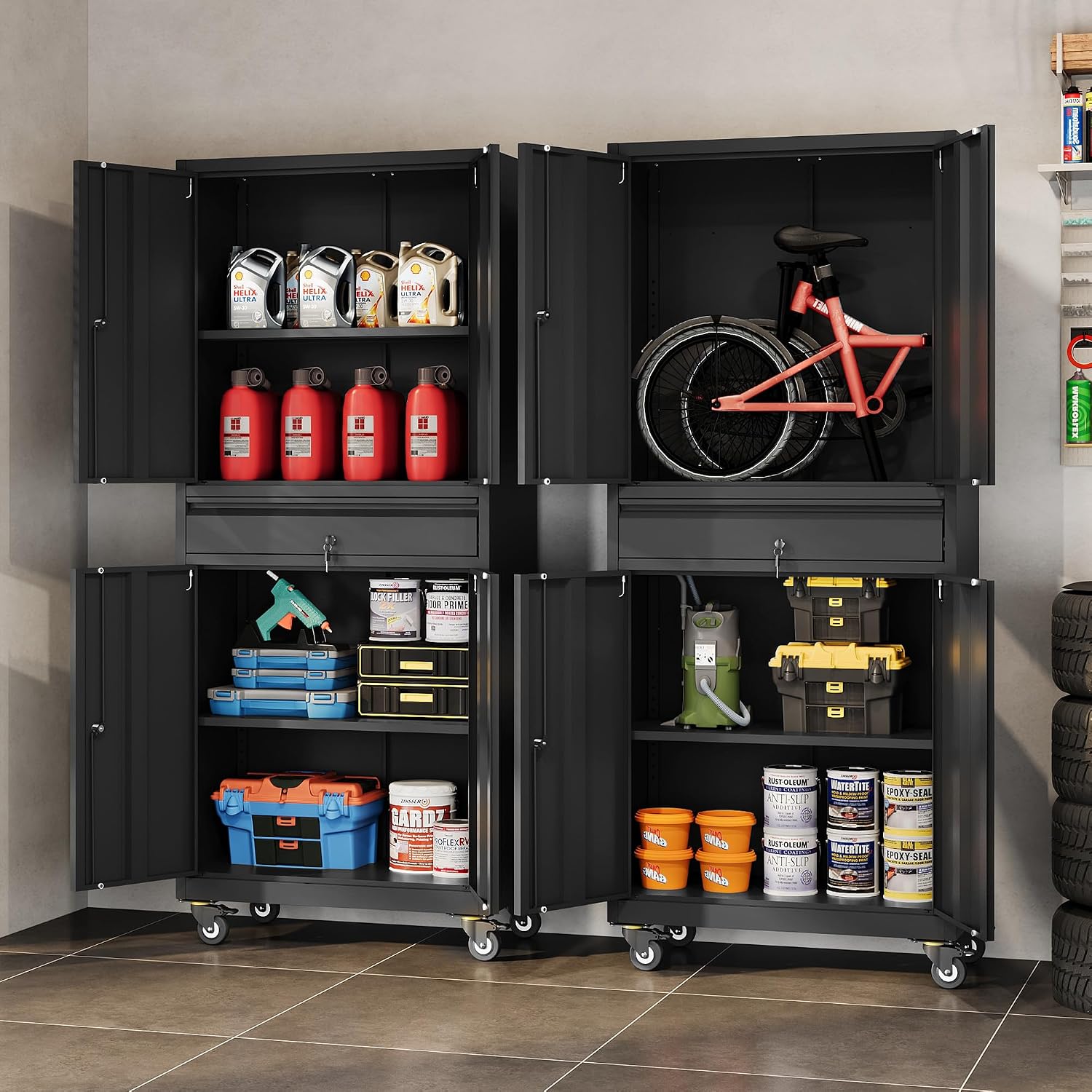 DEVAISE Metal Garage Storage Cabinet with Locking Doors and Drawer,71' Tool Cabinet with Adjustable Shelves & Wheels, 71' Steel Cabinet for Garage, Warehouse (Black)