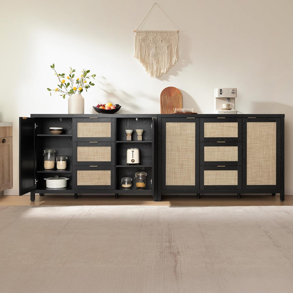 SICOTAS Rattan Large Sideboard Buffet Cabinet with Storage - Farmhouse Boho Coffee Bar Storage Cabinet with 3 Drawers and 2 Doors, Tall Credenza for Living Room, Kitchen, Hallway, Black Oak (2 Pieces)
