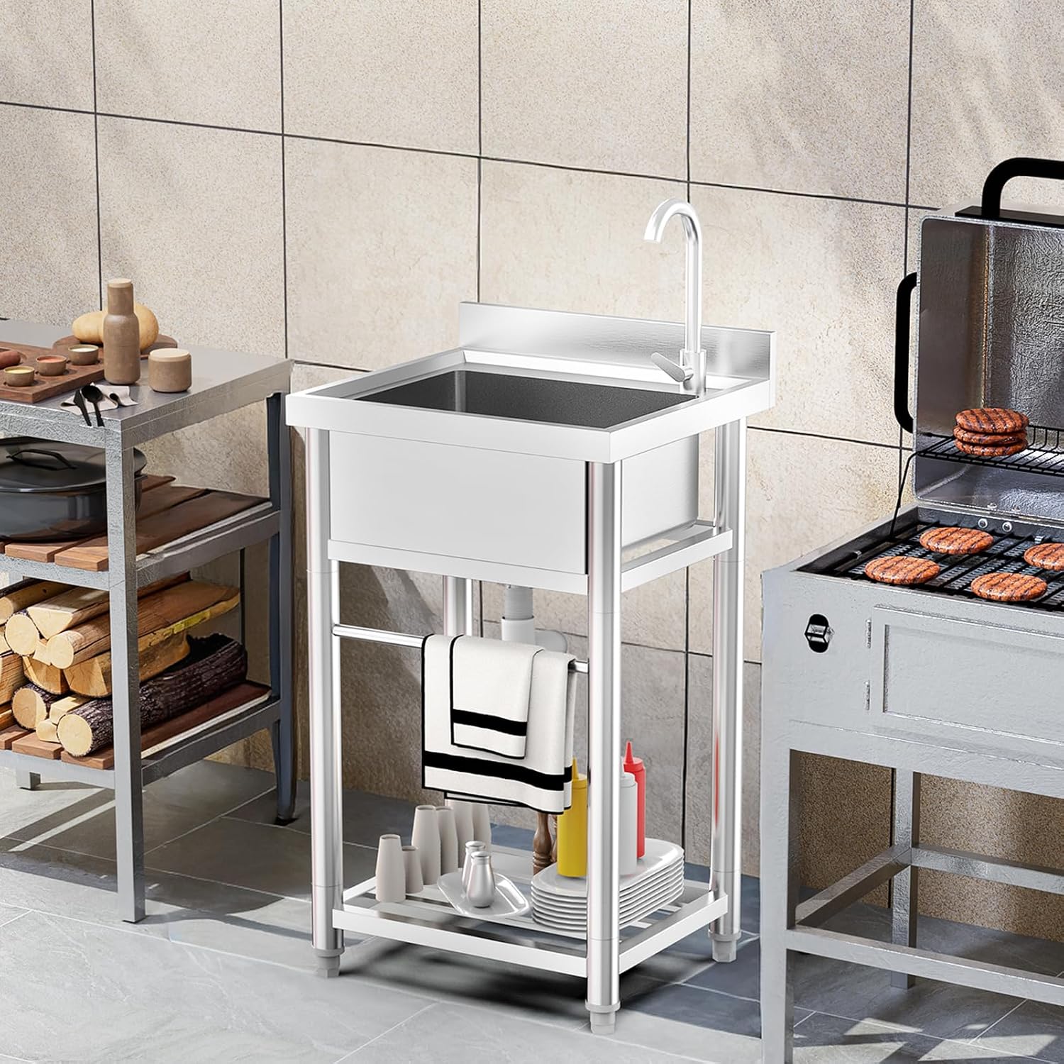 ROVSUN Stainless Steel Utility Sink with Faucet and Storage Shelf, 19.6'D x 21.6'W x 36.9'H, Compact Freestanding Single Bowl Wash Basin for Restaurant, Kitchen, Laundry, Garage & Outdoor Use