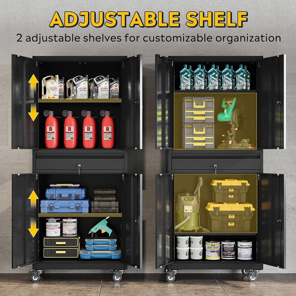 DEVAISE Metal Garage Storage Cabinet with Locking Doors and Drawer,71' Tool Cabinet with Adjustable Shelves & Wheels, 71' Steel Cabinet for Garage, Warehouse (Black)