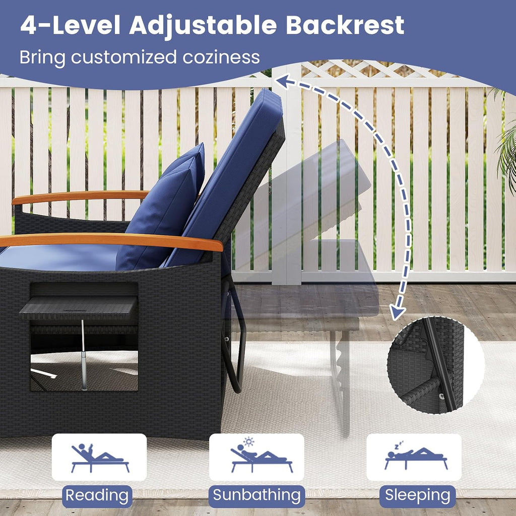 Tangkula Patio Rattan Daybed with 4-Level Adjustable Backrest, Outdoor Wicker Loveseat with Acacia Wood Armrest, Storage Ottoman & Folding Tray, Double Sunbed for Yard & Poolside (Navy & Black)