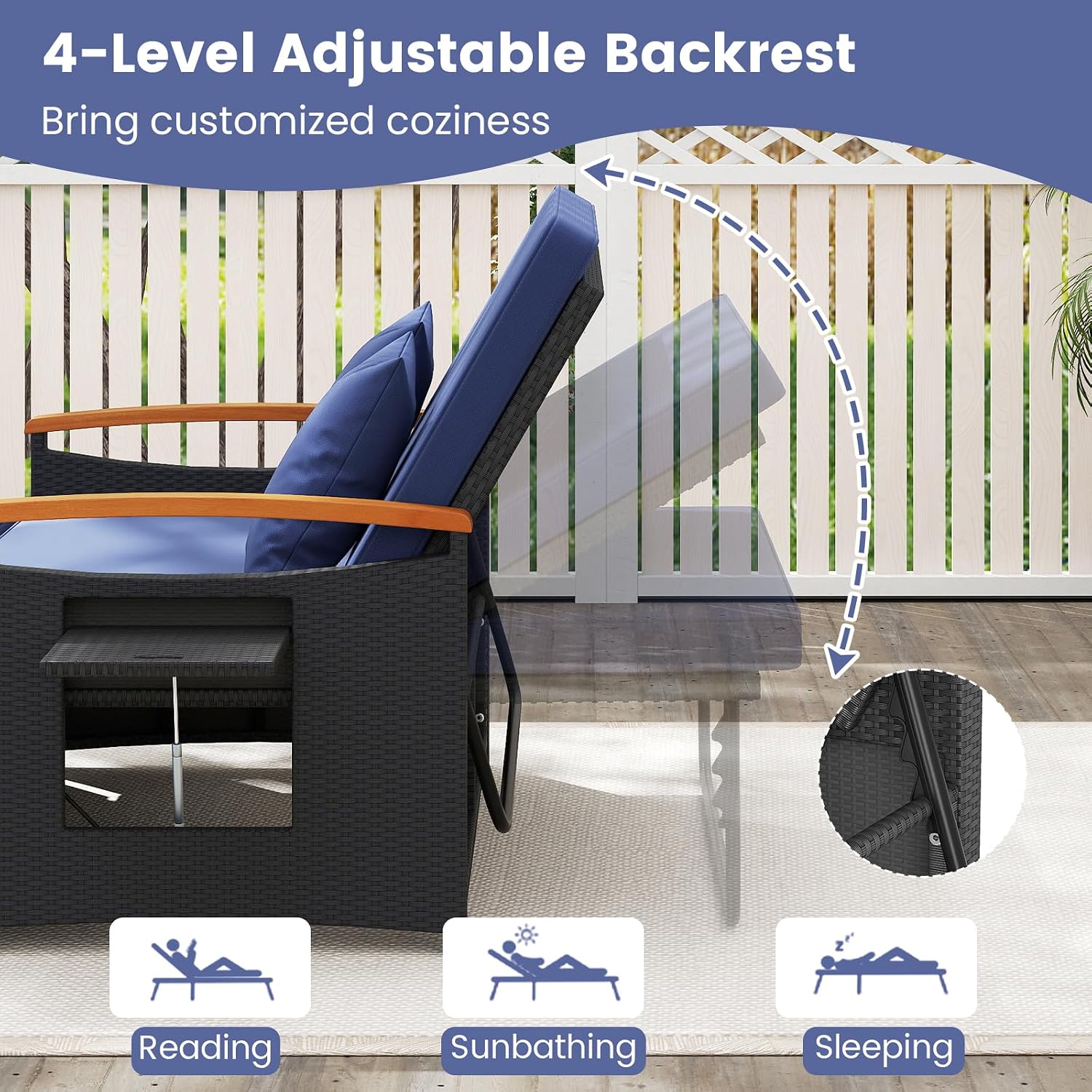 Tangkula Patio Rattan Daybed with 4-Level Adjustable Backrest, Outdoor Wicker Loveseat with Acacia Wood Armrest, Storage Ottoman & Folding Tray, Double Sunbed for Yard & Poolside (Navy & Black)
