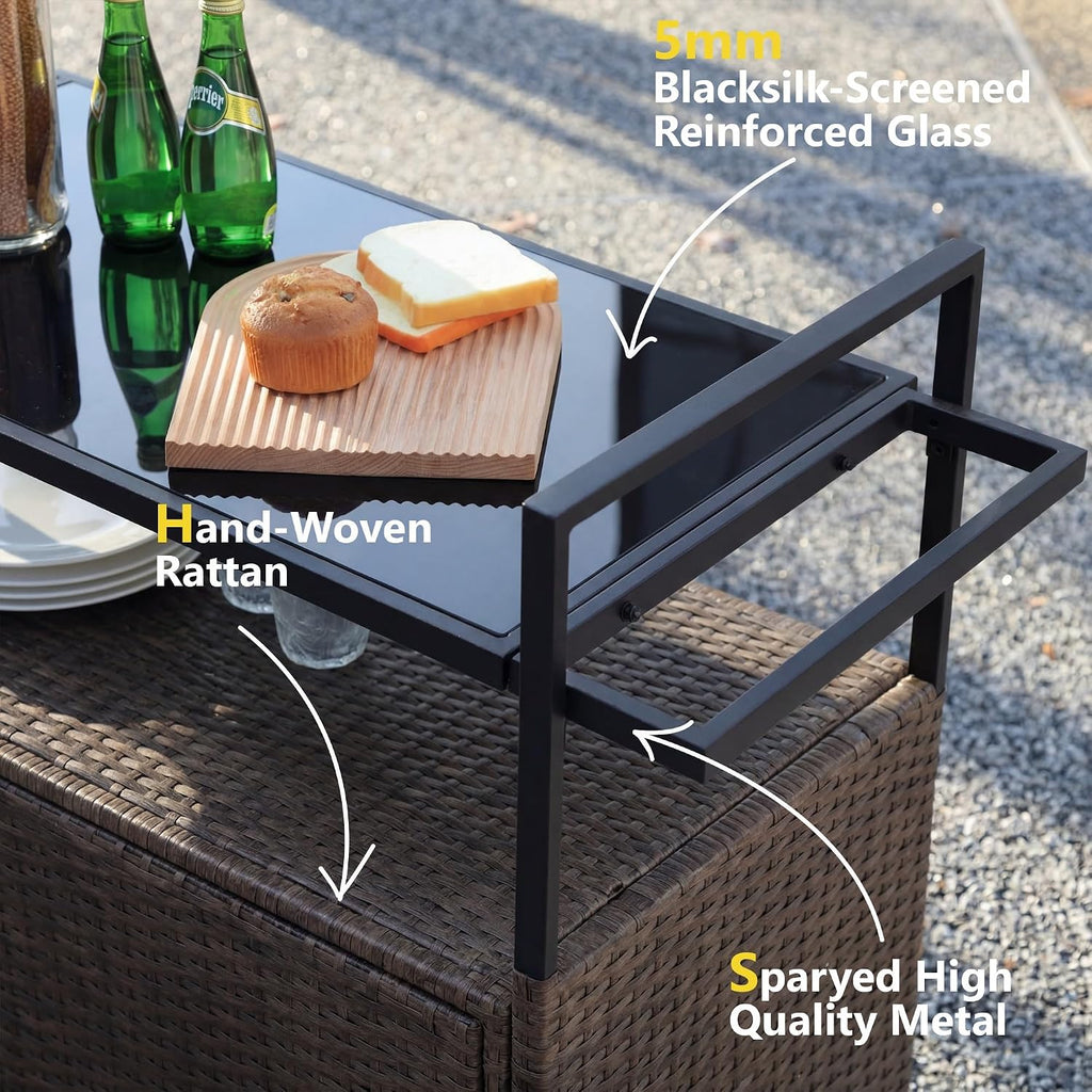 51.2' Wicker Outdoor Bar Cart - Black Patio Console Storage Table Buffet Cabinet Serving Kitchen Cart with Wheels for Outside Backyard