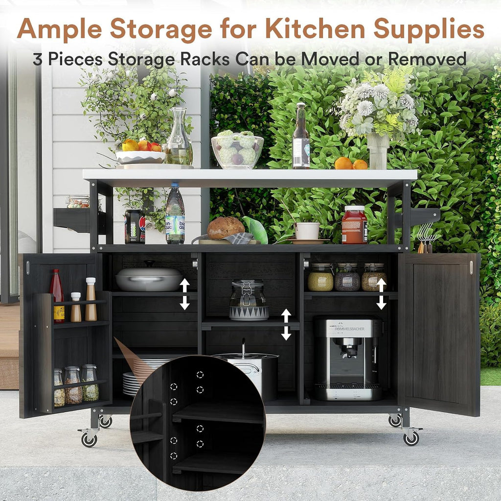 Zevemomo Outdoor Grill Cart, Stainless Steel Tabletop Outdoor Kitchen Island, Solid Wood Outdoor Buffet Cabinet with Lockable Wheels for Grilling, Black
