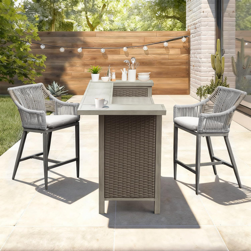 Domi Outdoor Home Bar Unit Set of 3, All-Weather Wicker & Aluminum Frame Farmhouse Bar Table with 2 Counter Height Stools with Shelves and Cabinet, for Patio, Kitchen Island, Indoor Outdoor Use