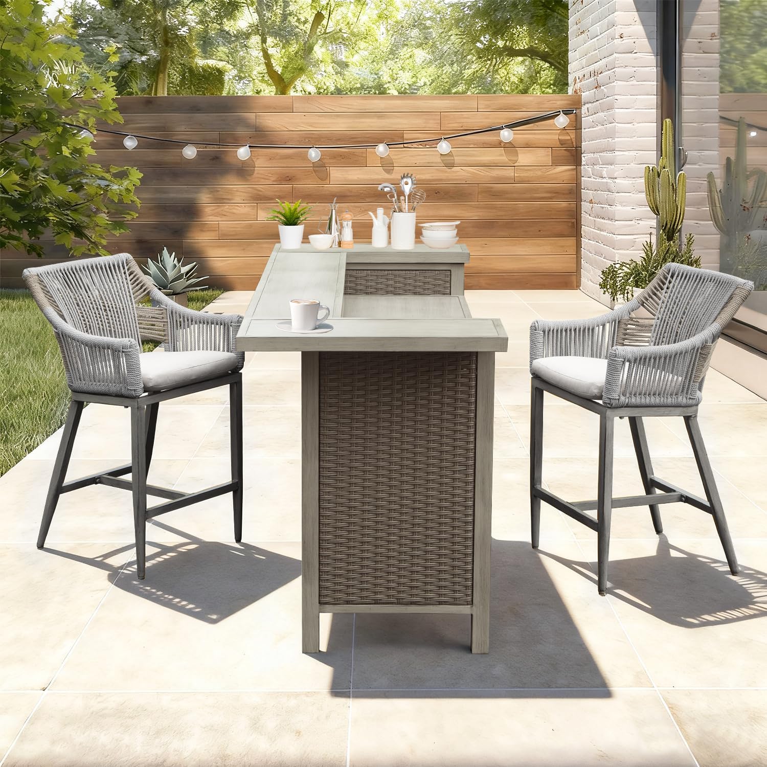 Domi Outdoor Home Bar Unit Set of 3, All-Weather Wicker & Aluminum Frame Farmhouse Bar Table with 2 Counter Height Stools with Shelves and Cabinet, for Patio, Kitchen Island, Indoor Outdoor Use