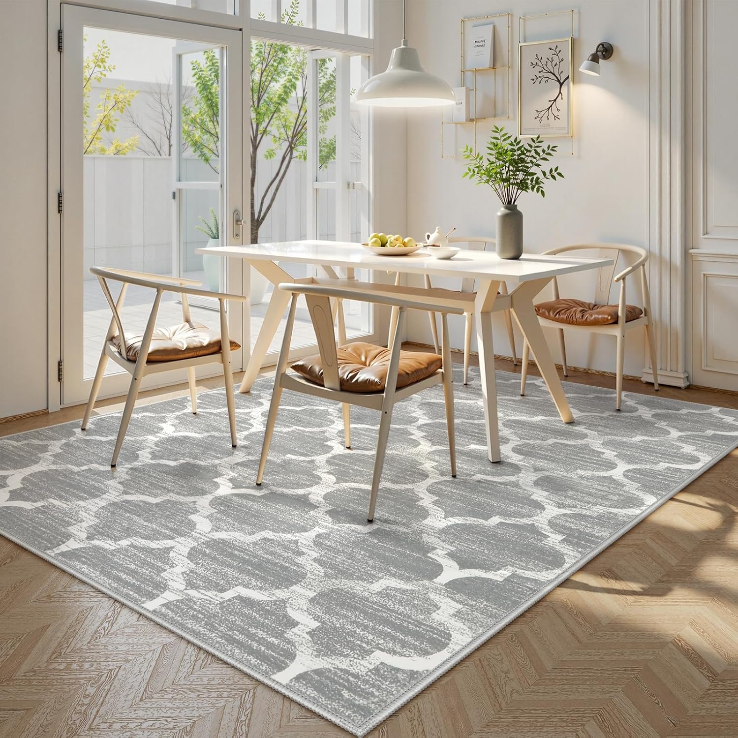 Lahome Moroccan Washable Rugs 8x10,Grey Rug for Living Room,Soft Boho Large Bedroom Rug 8x10 Under Bed Boho Dining Room Rugs for Under Table Geometric Office Room Meline