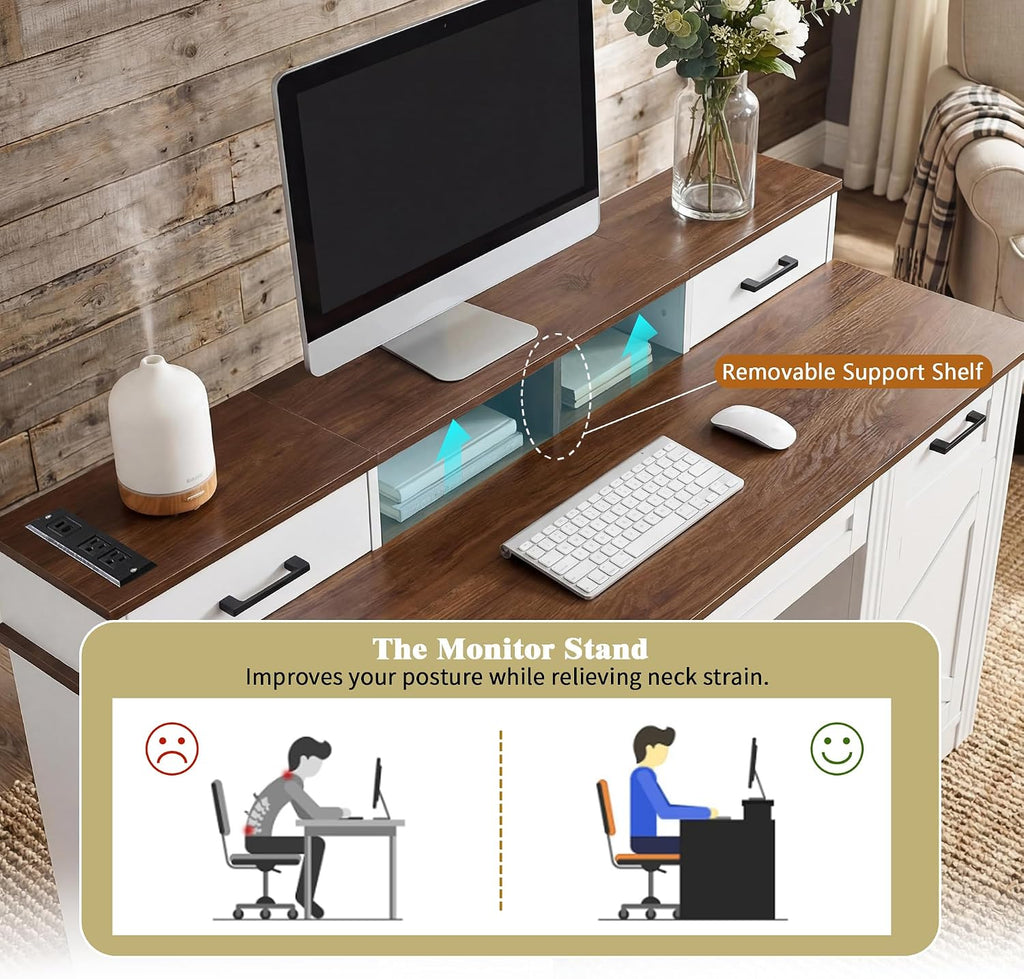 55' Farmhouse Computer Desk with Power Outlets, Removable Monitor Stand with Drawers, Convertible Keyboard Tray & Storage Cabinet, Home Office Writing Desk with Pegboard Organizer