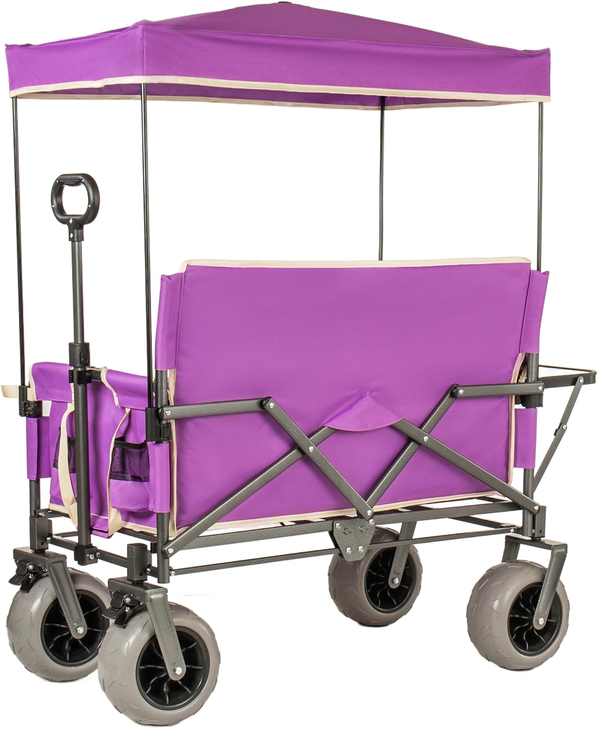3-in-1 Folding Wagon with Bench Seat – 500lbs Capacity,Reinforced Carbon Steel Frame, 180L Cargo Space– Perfect for Camping, Beach, Outdoor Events & Heavy-Duty Hauling (Purple + Carport)