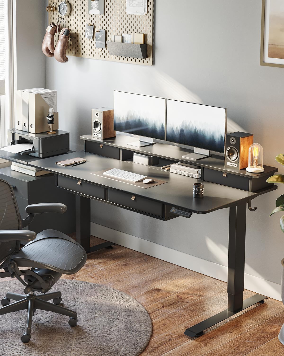 FEZIBO 48 x 24 inch Standing Desk with Drawers, Height Adjustable Electric Workstation, Computer Sit Stand Up Table with Large Storage Shelf 4 Drawers and 2 Hooks, Black